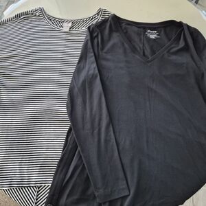 Chico’s Size 1 (M) Ultimate Tee Tunic Lot Of 2 Black & Black White Stripe Hi-Low